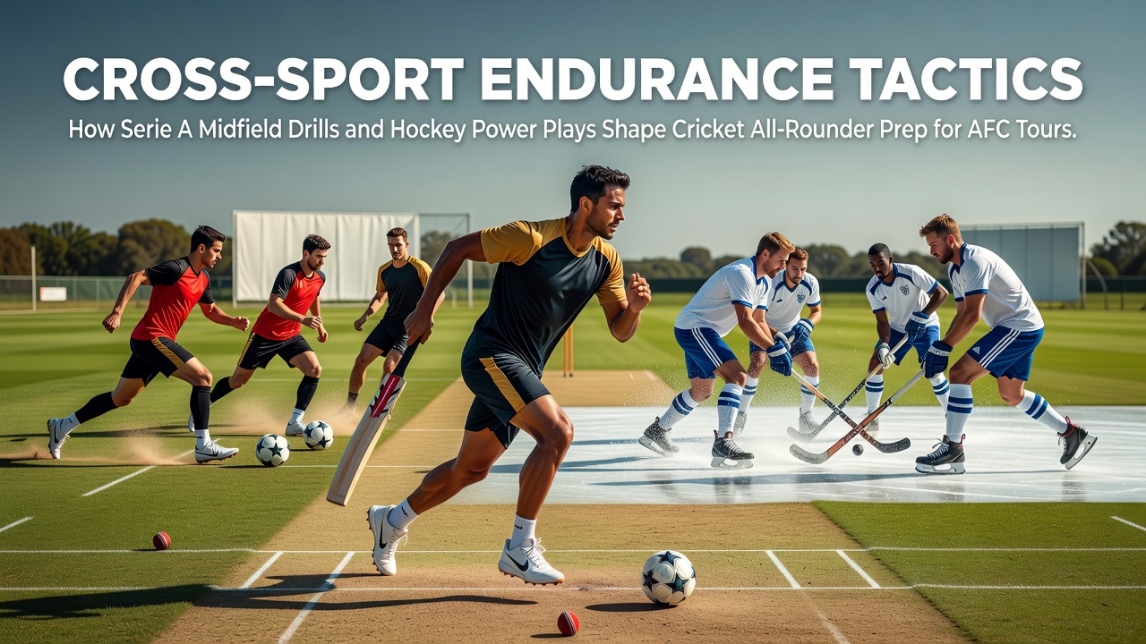 Cricket all-rounders performing endurance drills inspired by football and hockey training methods on a practice field