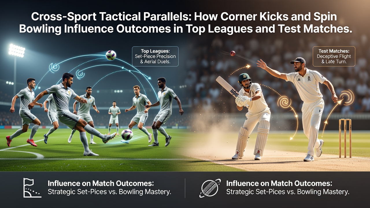 Illustration of corner kick setup in a football match alongside spin bowling action in cricket