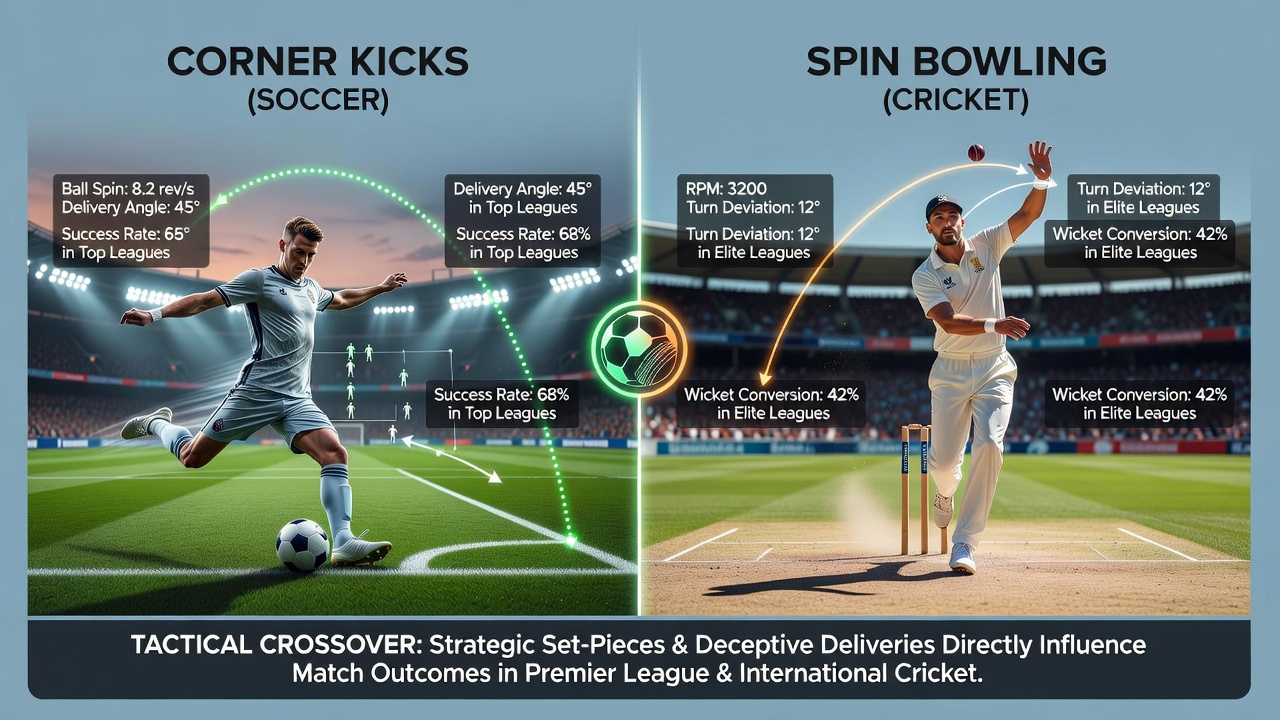 Side-by-side comparison of football corner delivery and cricket spin bowling technique