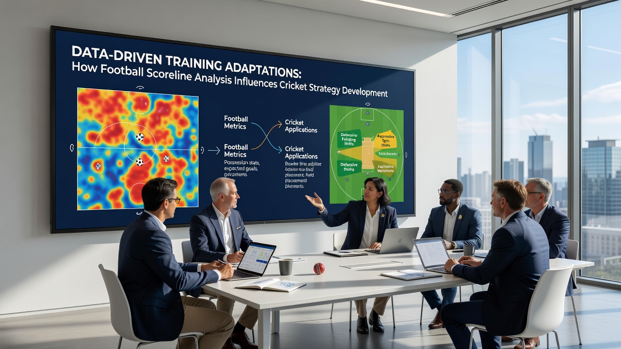Cricket analysts reviewing scoreline data on tablets during a training session with overlaid football comparison charts