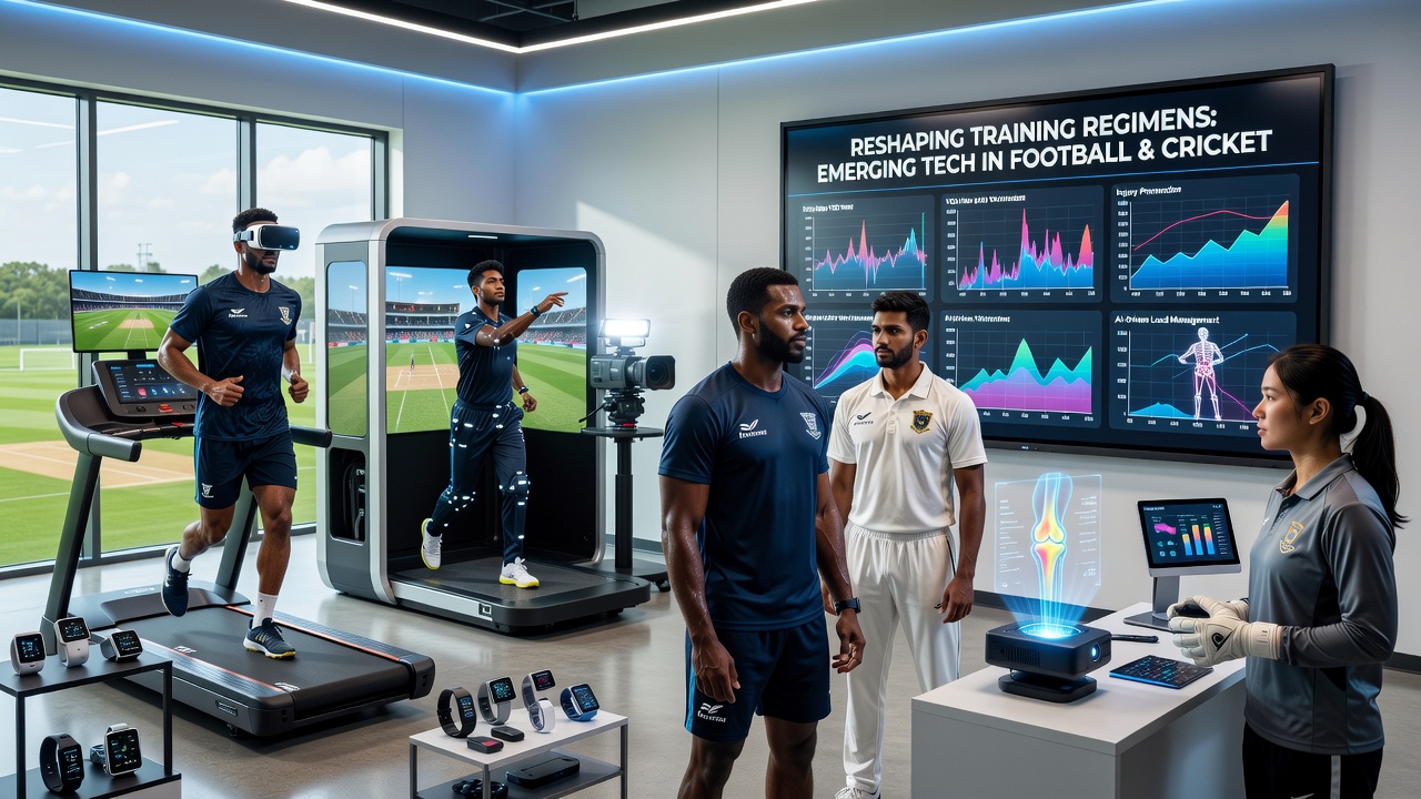 Athletes using wearable sensors and VR headsets during a team training session in a modern football facility