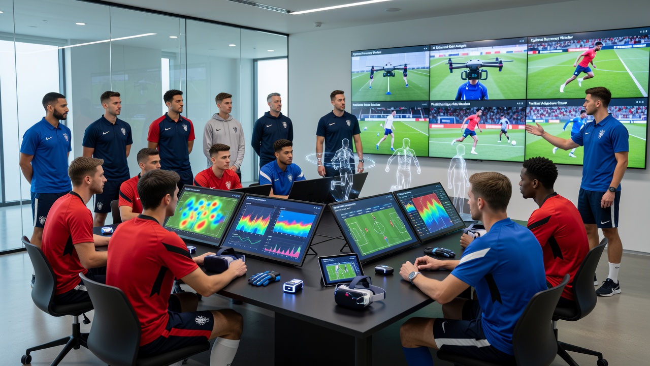 Coaches reviewing AI-generated training analytics on tablets beside a cricket practice net