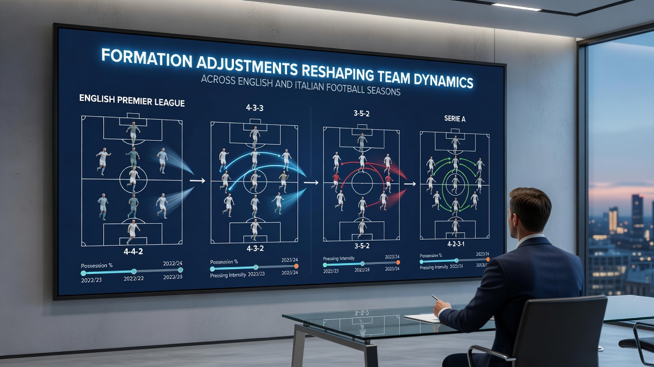 Tactical board and players discussing formation changes in an Italian or English football setting