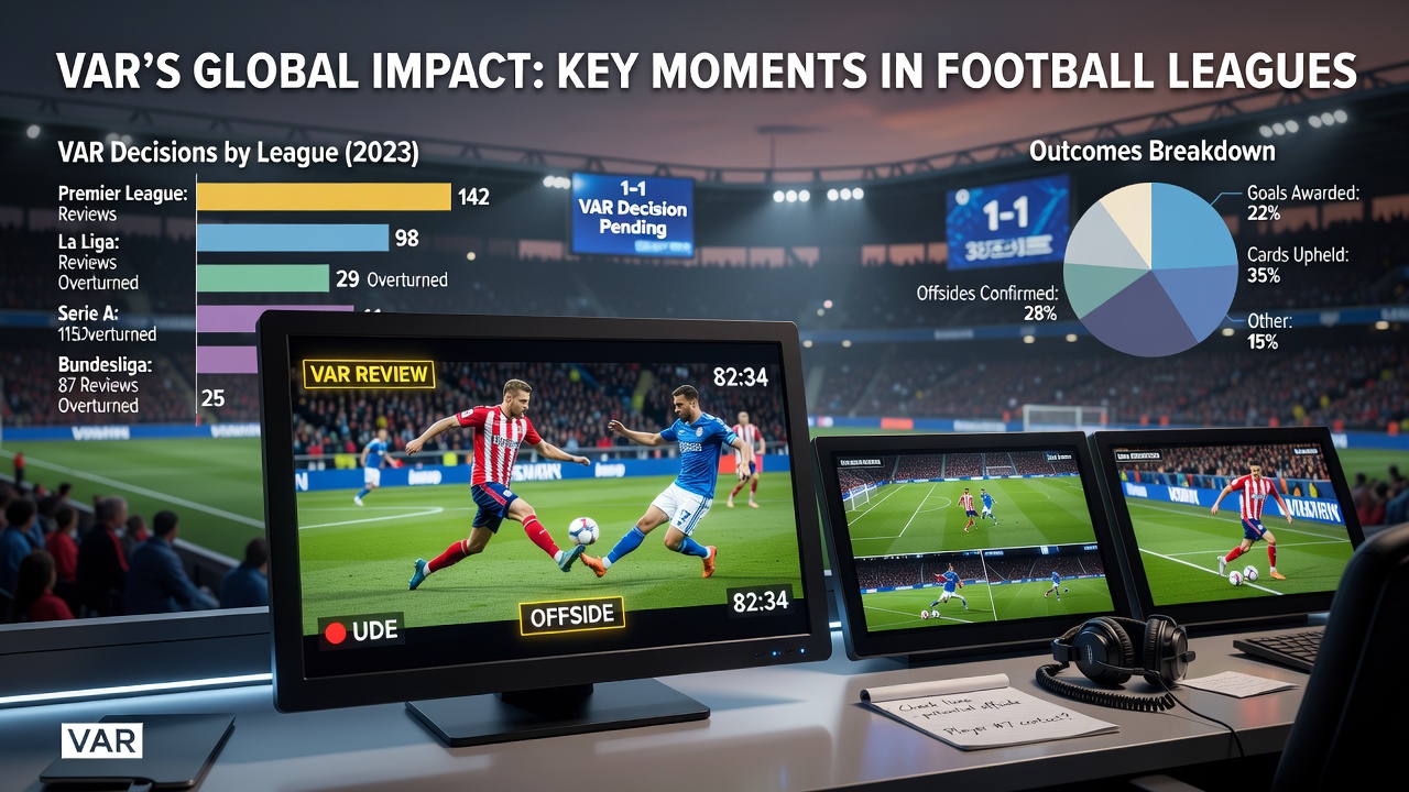 VAR officials monitoring multiple camera feeds during a live football match