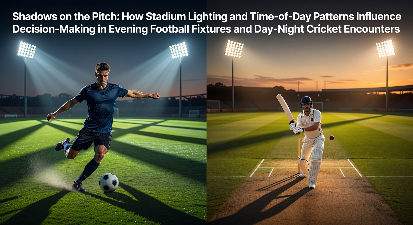 Stadium floodlights casting long shadows across a football pitch during an evening match, with players adjusting positions under artificial lighting