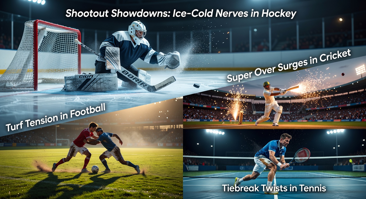 Dramatic hockey shootout with player facing goalie under arena lights
