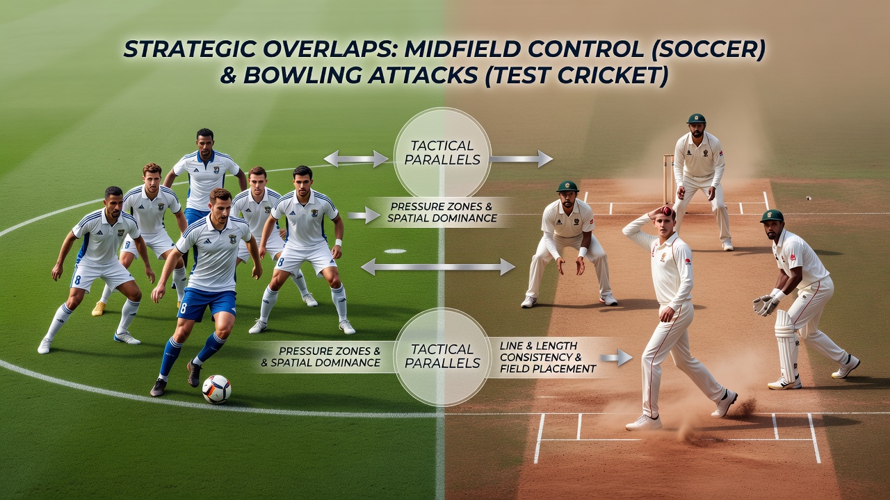 Soccer midfielders coordinating passes during a high-stakes international match while maintaining positional structure