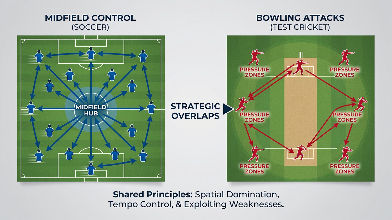 Cricket bowlers executing a coordinated attack on a turning pitch during a Test match with fielders positioned strategically