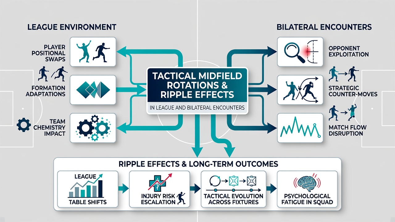 Players executing midfield rotation during an international bilateral match