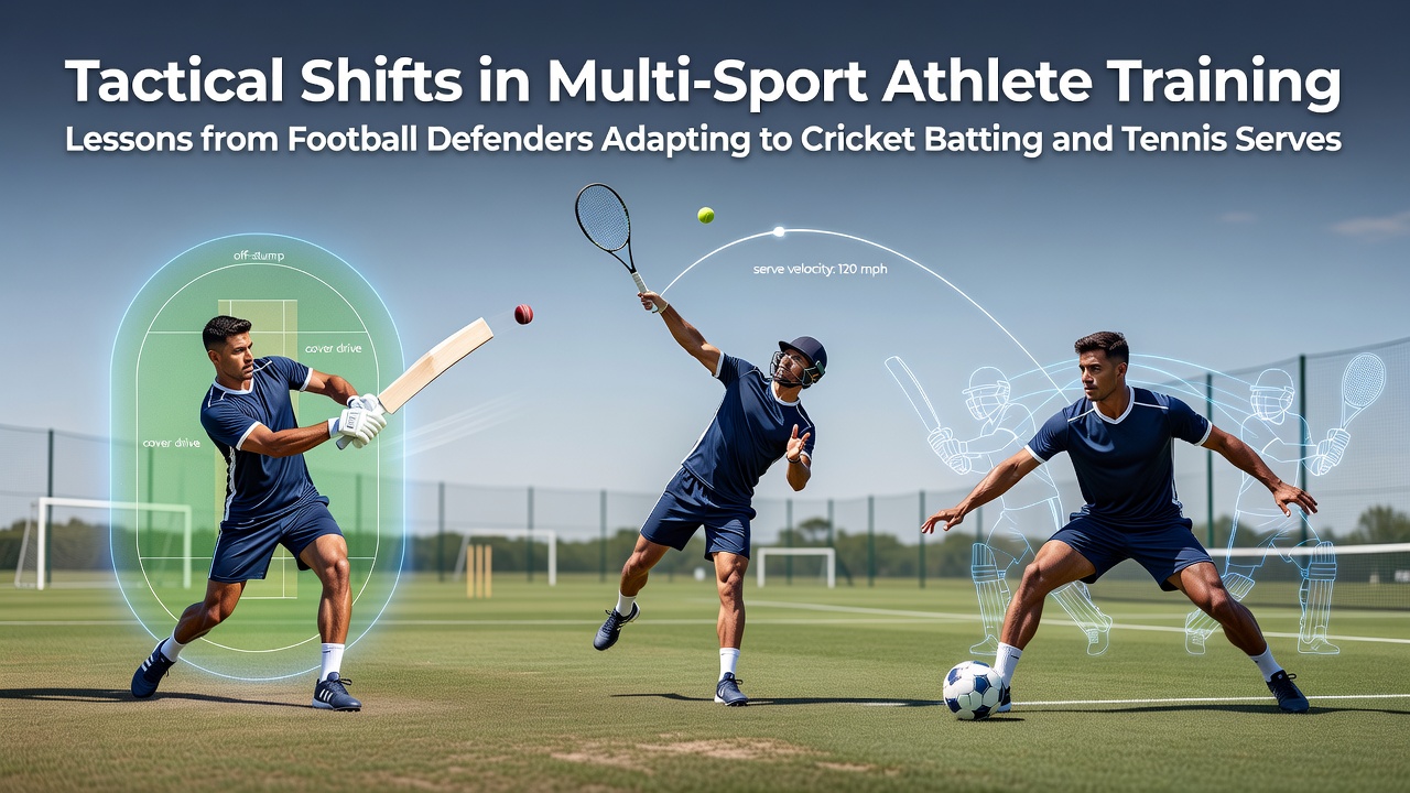 Football defender demonstrating positioning techniques that translate to cricket batting stances during training drills