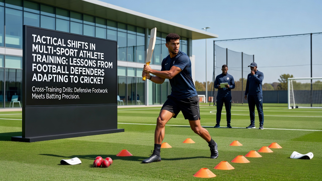 Athlete transitioning from cricket batting practice to tennis serve return drills on an outdoor court