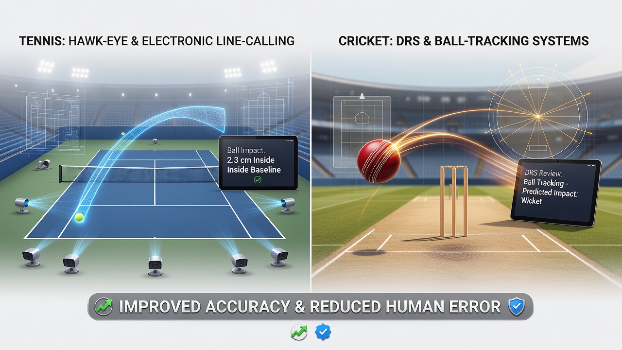 Cricket DRS review setup with multiple camera angles and umpire consultation screen