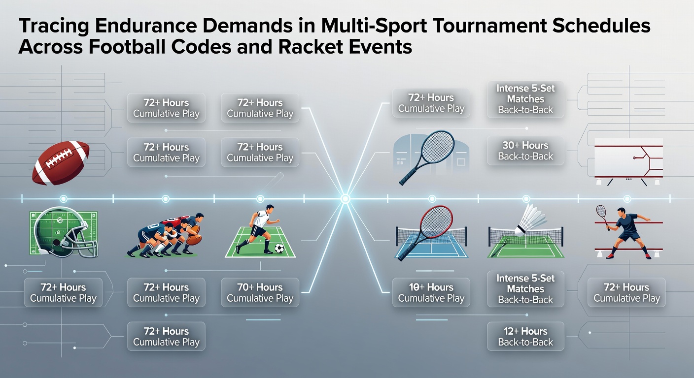 Athletes competing in a multi-sport tournament setting showing football and racket events